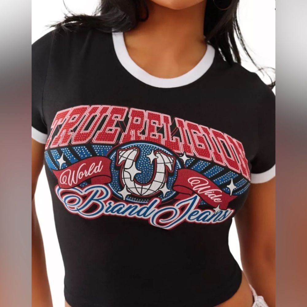 True Religion Ringer Baby Tee with Crystal Logo Black Small NWOT
